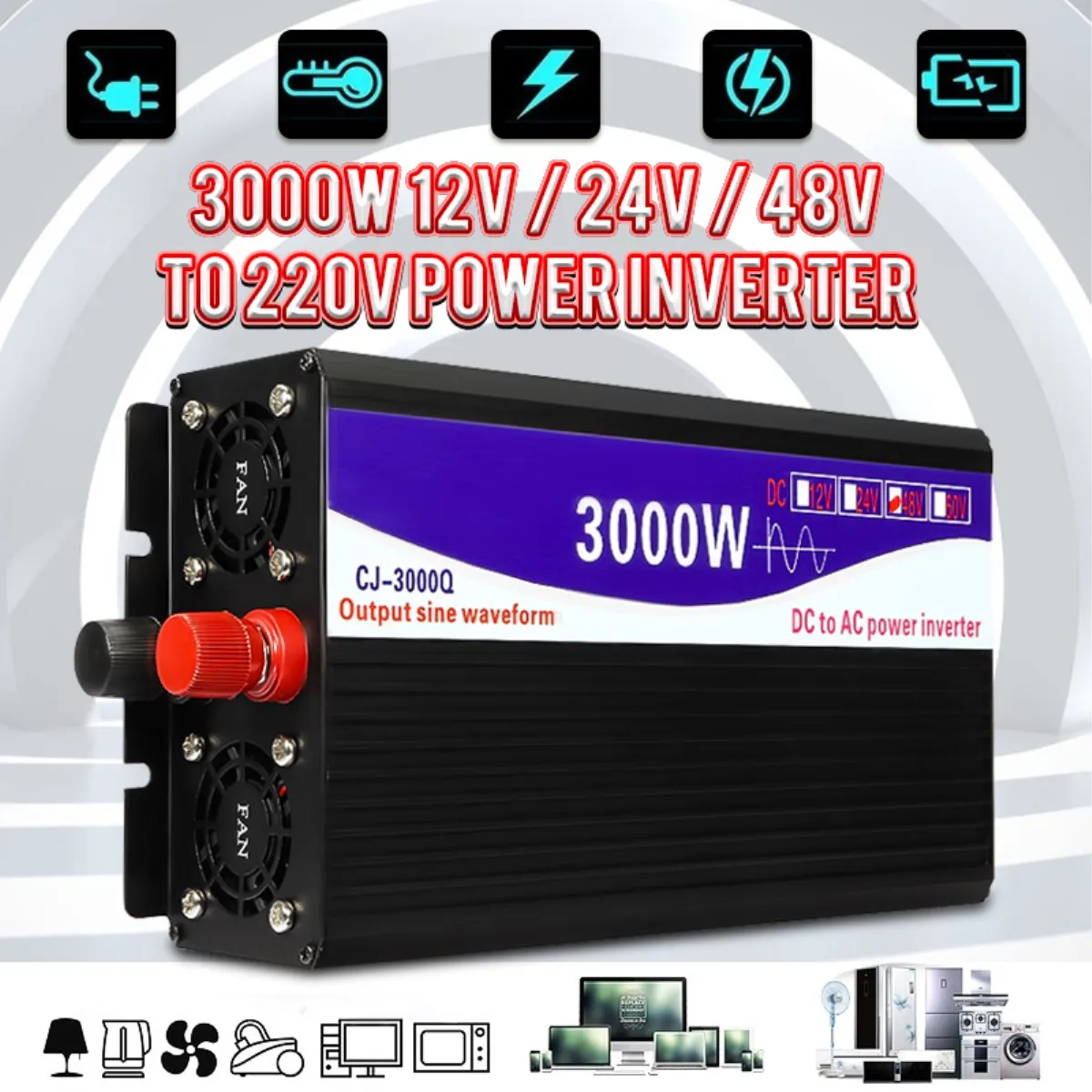 Inverter 12V/24V/48V to 220V 3000W Pure Sine Wave Inverter Transformer Voltage Converter for Car Home
Inverter 12V/24V/48V to 220V 3000W Pure Sine Wave Inverter Transformer Voltage Converter for Car Home