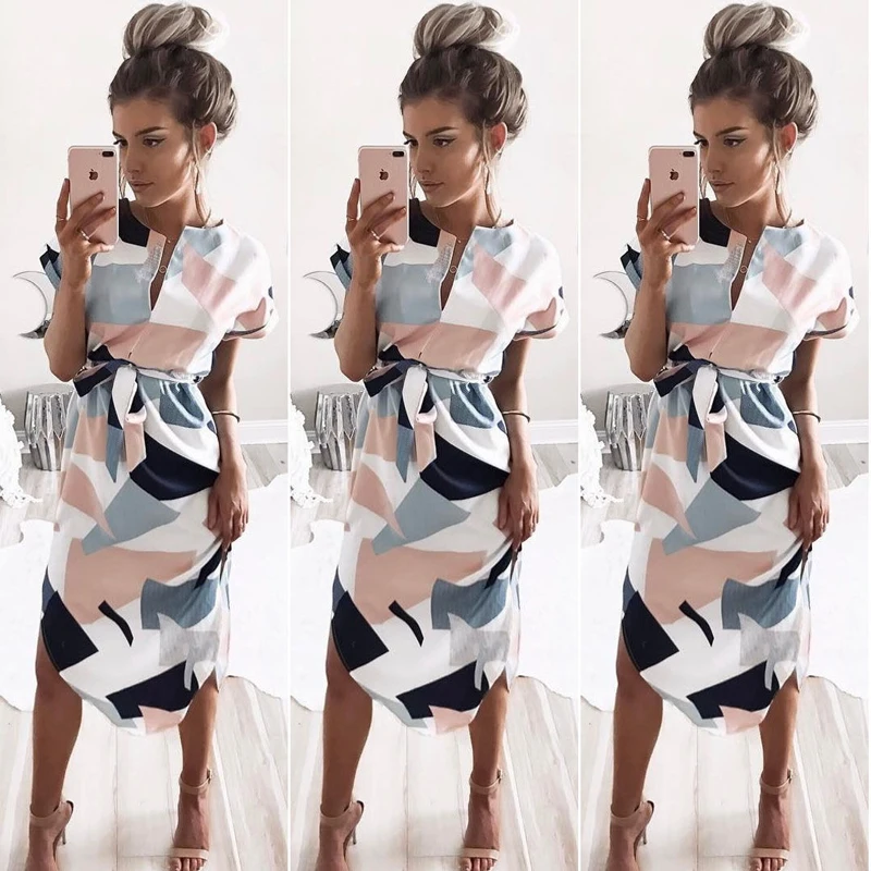 Summer Style Dress 2018 Casual Asymmetrical Geometric Printing Short Sash Knee-Length Dress O-Neck Elegant Women Dresses
Summer Style Dress 2018 Casual Asymmetrical Geometric Printing Short Sash Knee-Length Dress O-Neck Elegant Women Dresses