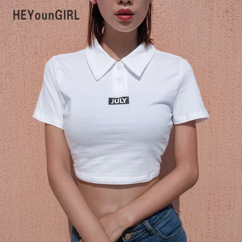 HEYounGIRL Casual Korean Women T Shirt Turn-down Collar Crop Tops Summer Print Letter Short Sleeve T-shirt Lady Fashion Top Tees
HEYounGIRL Casual Korean Women T Shirt Turn-down Collar Crop Tops Summer Print Letter Short Sleeve T-shirt Lady Fashion Top Tees