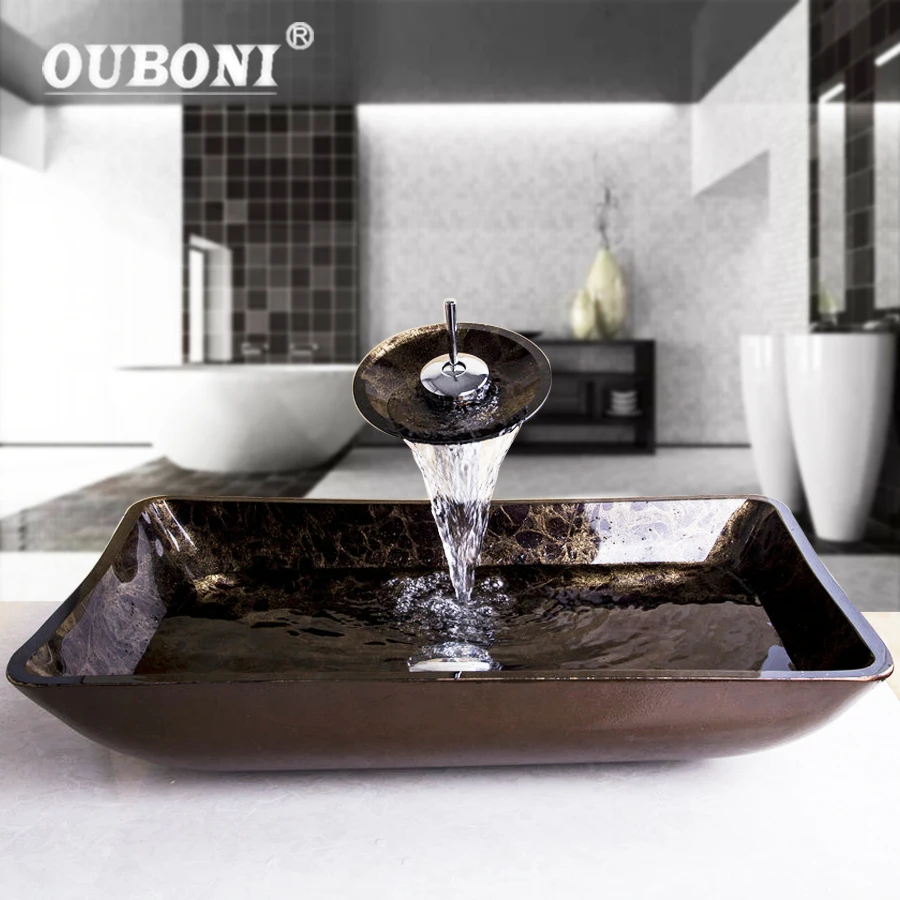 

OUBONI Waterfall Bathroom Rectangular Glass Basin Sink Washbasin Glass Hand-Painted Lavatory Bath Brass Set Faucet Mixers Taps