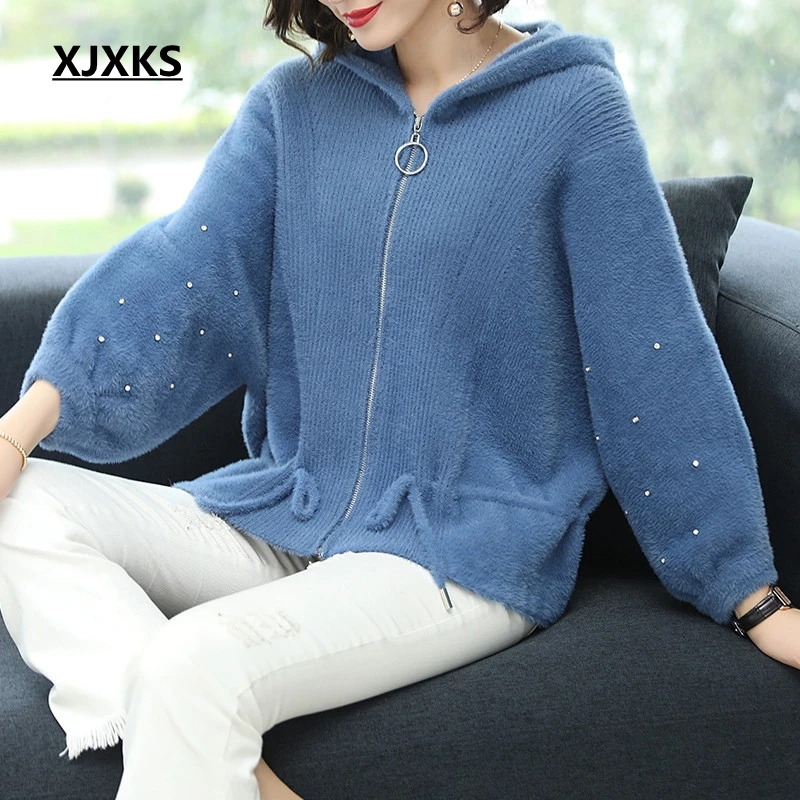 XJXKS manteau femme hiver cashmere and wool knitting women hooded sweater coat lace up beading loose womens coats and jackets
XJXKS manteau femme hiver cashmere and wool knitting women hooded sweater coat lace up beading loose womens coats and jackets