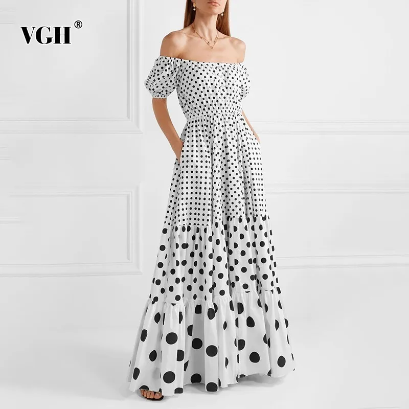 VGH A Line Dress For Women Puff Sleeve Slash Neck Off Shoulder Backless Hit Color Floor-Length Dresses Female Fashion New Summer
VGH A Line Dress For Women Puff Sleeve Slash Neck Off Shoulder Backless Hit Color Floor-Length Dresses Female Fashion New Summer