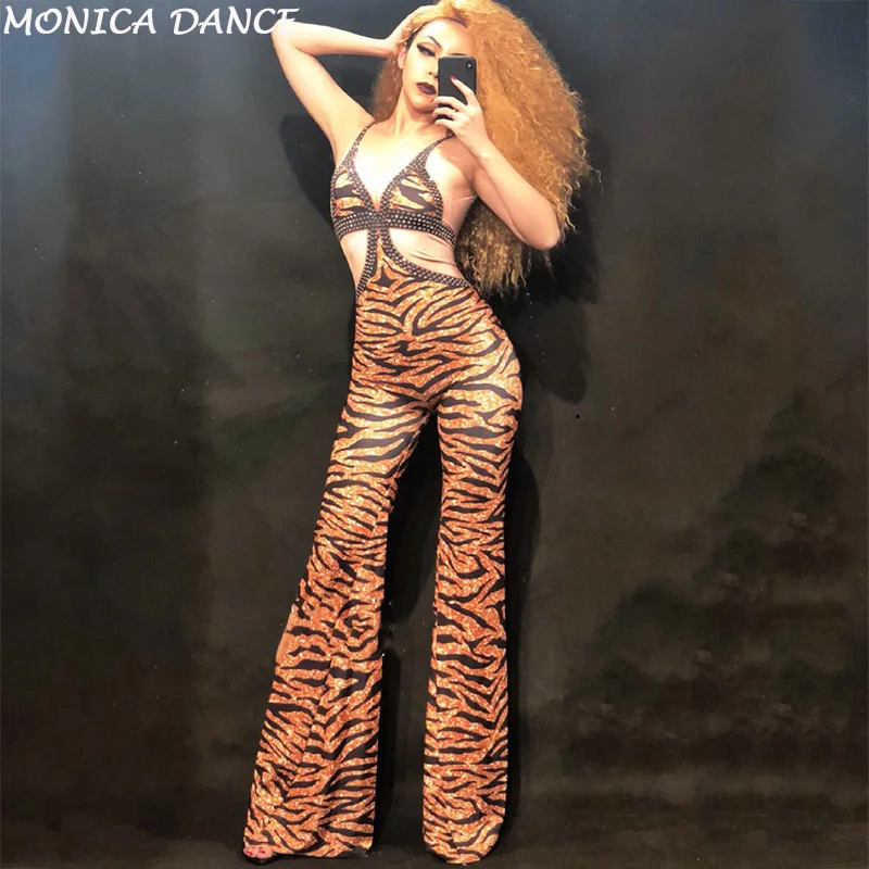 Фото Стразы Тигр полосатый комбинезон большой натяжкой сексуальное боди для женщин