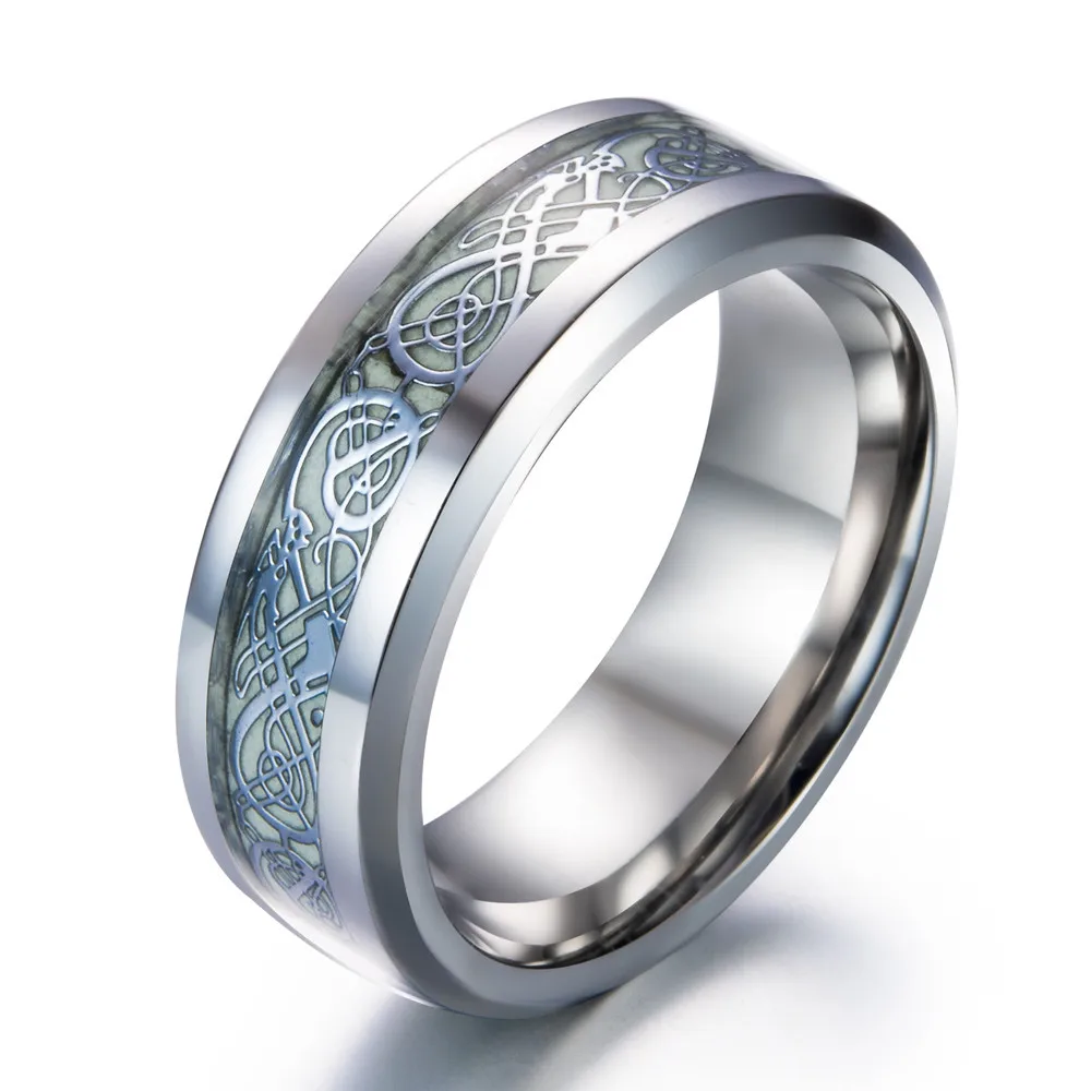 Мужское кольцо из углеродного волокна черного и синего цвета с драконом