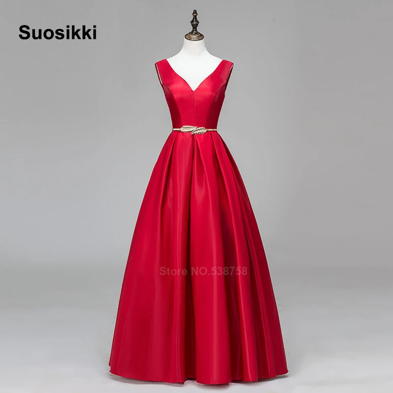 Женское вечернее платье с v образным вырезом Длинное Красное ТРАПЕЦИЕВИДНОЕ
