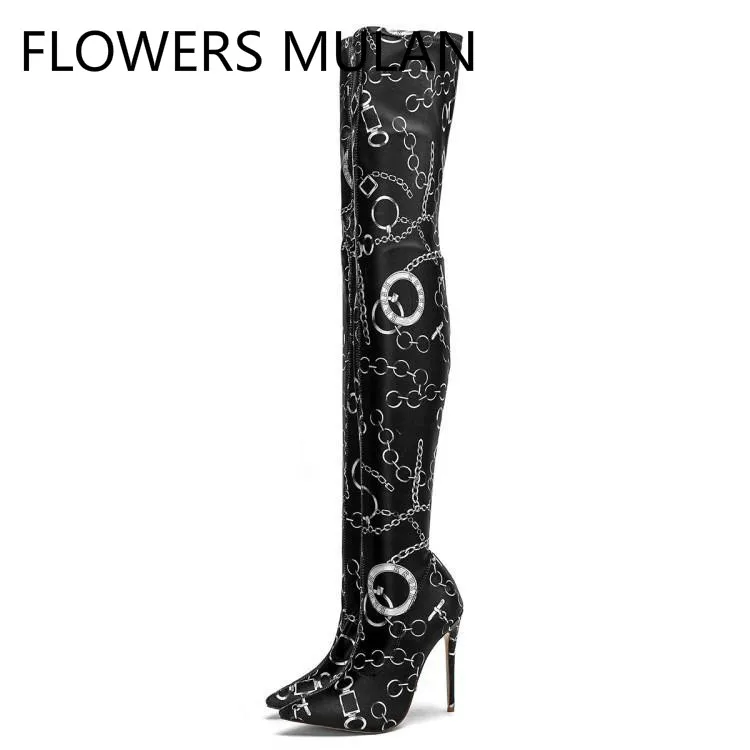 Winter Fashion Boots Women Printing Chain Ring Black Leather Thigh High Boots Pointed Toe Slip On High Heels Gladiators Shoes
Winter Fashion Boots Women Printing Chain Ring Black Leather Thigh High Boots Pointed Toe Slip On High Heels Gladiators Shoes