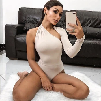 

Sexy One Shoulder Bodycon Bodysuit Asymmetrical Hollow Out Long Sleeve Playsuit Halter Backless Button Rompers Womens Jumpsuit