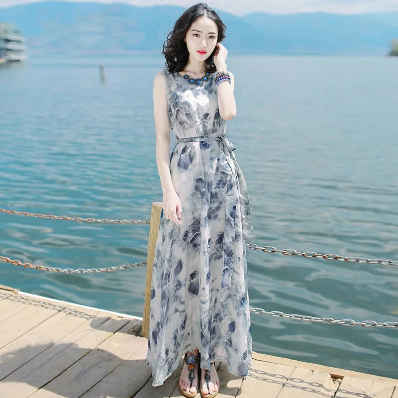 Bohemian Style Summer Collect Waist Sleeveless Flower Printed Woman Chiffon Long Dress
Bohemian Style Summer Collect Waist Sleeveless Flower Printed Woman Chiffon Long Dress