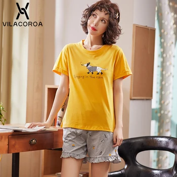Summer Cotton Pajamas Yellow Print Round Neck Short Sleeve Top + Gray Ruffle Shorts Pajama Sets Plus Size Pajamas For Women
Summer Cotton Pajamas Yellow Print Round Neck Short Sleeve Top + Gray Ruffle Shorts Pajama Sets Plus Size Pajamas For Women