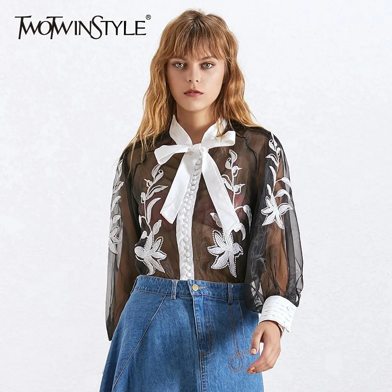 TWOTWINSTYLE Perspective Shirt For Women Bow Collar Lantern Sleeve Embroidery Blouse Top Female Fashion New Korean 2019 Summer
TWOTWINSTYLE Perspective Shirt For Women Bow Collar Lantern Sleeve Embroidery Blouse Top Female Fashion New Korean 2019 Summer