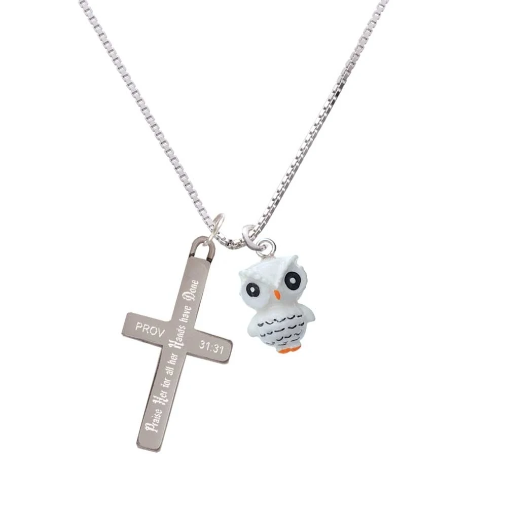 Resin White Snow Owl - Praise Her - Cross Necklace