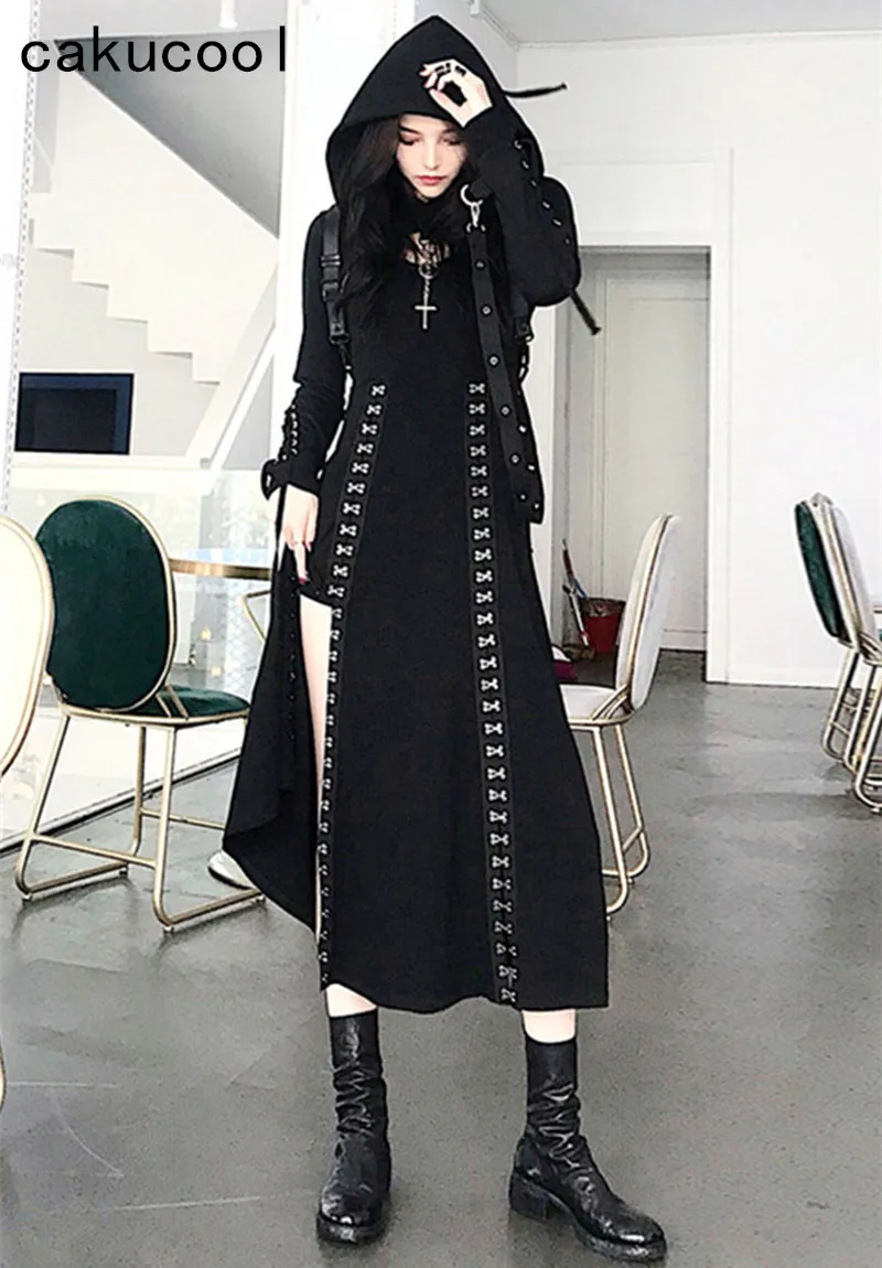 Cakucool New Hooded Crop Top Sweatshirt Criss-cross Lace up Slit Spaghetti Dress Punk Gothic Black Two Piece Set Sundress Femme
Cakucool New Hooded Crop Top Sweatshirt Criss-cross Lace up Slit Spaghetti Dress Punk Gothic Black Two Piece Set Sundress Femme