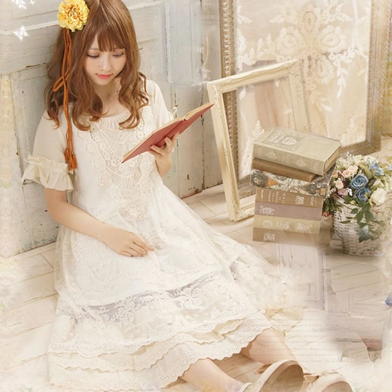 Mori Girl Flower Floral Lace Dress Women Hollow Out Japanese Sweet Ruffles Drawstring Cotton Short Sleeve Lolita Dress T381
Mori Girl Flower Floral Lace Dress Women Hollow Out Japanese Sweet Ruffles Drawstring Cotton Short Sleeve Lolita Dress T381