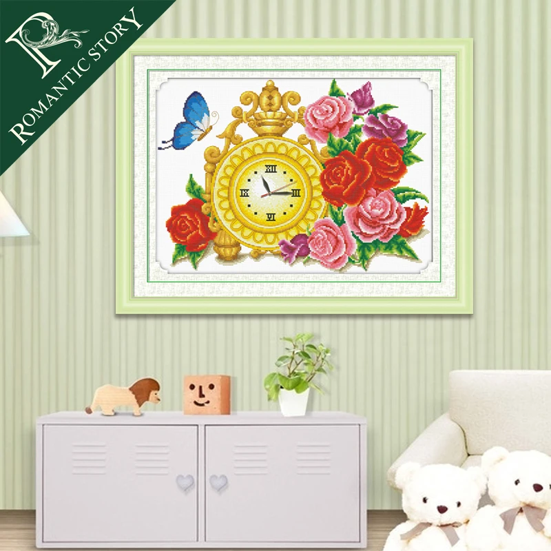 Romantic Story Needlework Cross stitch Sets For Embroidery kits Clock Rose Flower Pattern DIY Count Cross-Stitch Home Decoration | Дом и сад