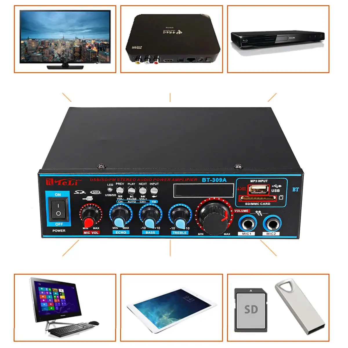 Car Home Audio Power Amplifier Bluetooth HiFi Stereo Amplifier FM Radio Car Home Karaoke Amplifier 12V / 220V 100W + 100W
Car Home Audio Power Amplifier Bluetooth HiFi Stereo Amplifier FM Radio Car Home Karaoke Amplifier 12V / 220V 100W + 100W