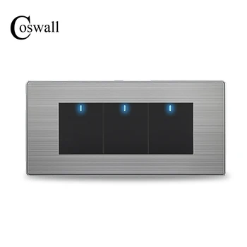 COSWALL 3 Gang 2 Way Light Switch Switched With LED Indicator Pass Through On / Off Wall Switch Stainless Steel Panel 154* 72mm