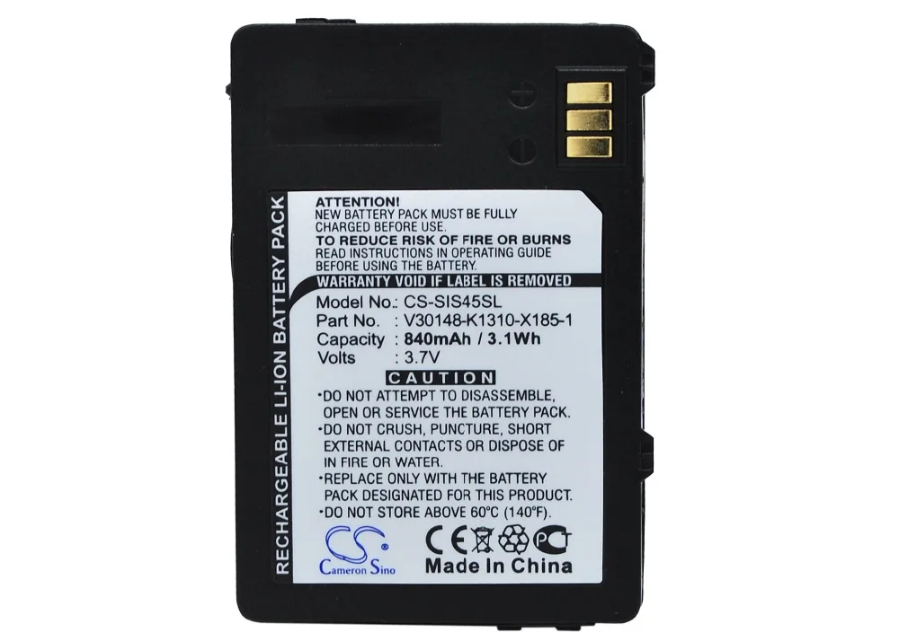 Cameron Sino 840mAh Battery L36880-N4501-A100,V30145-K1310-X183/X185/X185-1 for Siemens 3618, 6618, ME45, S45, S45i
Cameron Sino 840mAh Battery L36880-N4501-A100,V30145-K1310-X183/X185/X185-1 for Siemens 3618, 6618, ME45, S45, S45i