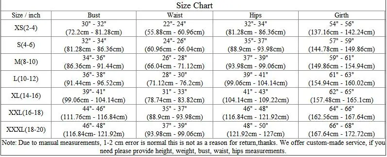 Spandex Size Chart