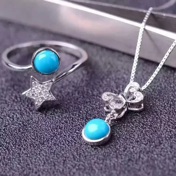 Fidelity Natural 5mm turquoise 925 sterling silver jewelry sets natural blue gemstone rings Pendant fine jewelry for women party 
Fidelity Natural 5mm turquoise 925 sterling silver jewelry sets natural blue gemstone rings Pendant fine jewelry for women party