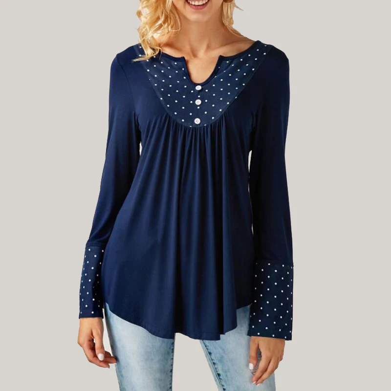 Women Loose Ruffled Hem Blouse Autumn Casual Draped Shirt Long Sleeve Female V Neck Button Dots Ladies Tops 2019 Chemisier Femme
Women Loose Ruffled Hem Blouse Autumn Casual Draped Shirt Long Sleeve Female V Neck Button Dots Ladies Tops 2019 Chemisier Femme