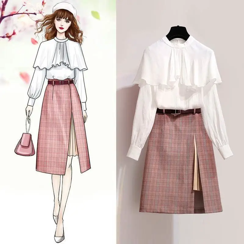Spring Autumn Women England Style Ruffles Back Pearls Button Shirt+Irregular Split Plaid Skirt Set Ladies Party Slim Suit Z141
Spring Autumn Women England Style Ruffles Back Pearls Button Shirt+Irregular Split Plaid Skirt Set Ladies Party Slim Suit Z141