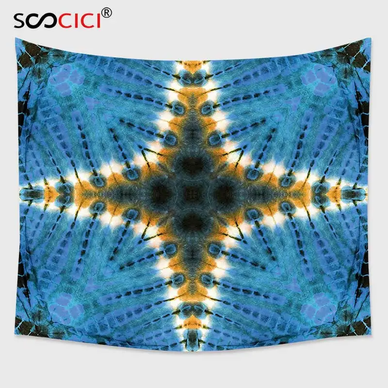 

Cutom Tapestry Wall Hanging,Tie Dye Decor Star Figure in Middle of Color Power Textured Ethnic Asian Ikat Pattern Blue Orange