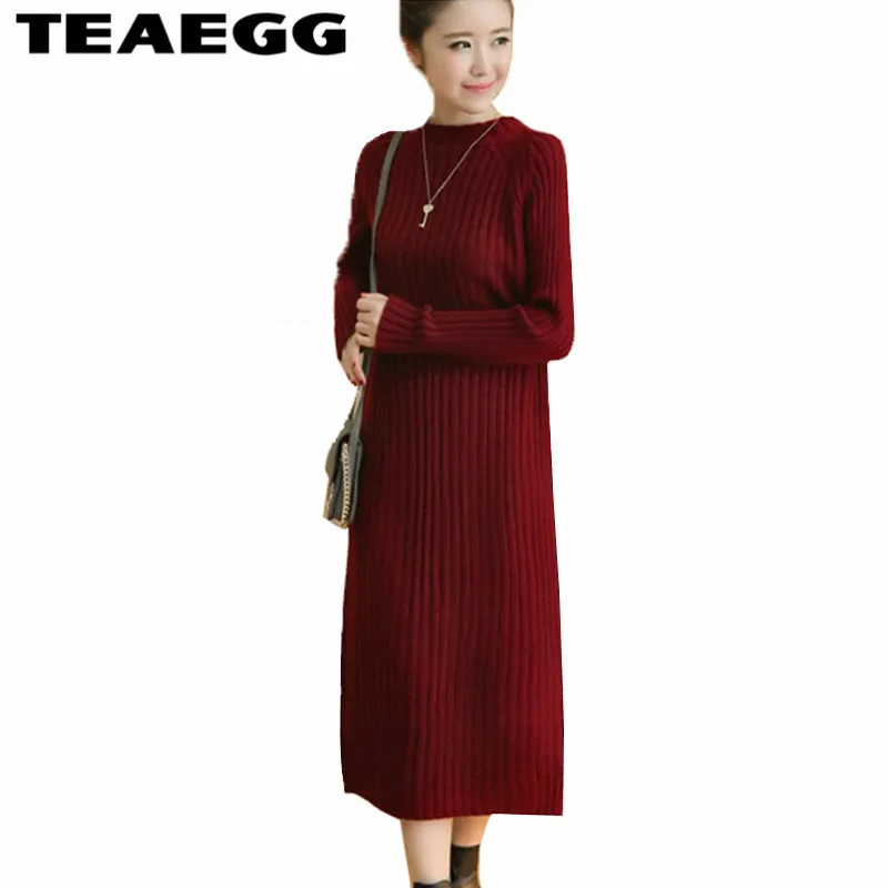 Женское длинное платье-свитер TEAEGG Meduim осенне-зимнее красное больших размеров