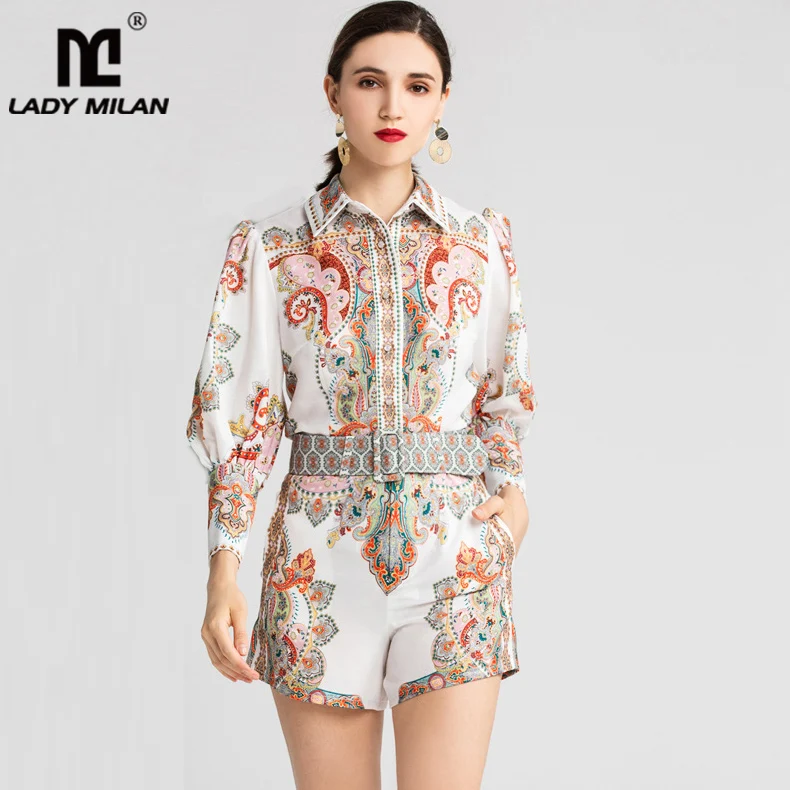 Women's Runway Twinsets Turn Down Collar Long Sleeves Printed Shirts and Summer Shorts with Belt Two Piece Pants Sets
Women's Runway Twinsets Turn Down Collar Long Sleeves Printed Shirts and Summer Shorts with Belt Two Piece Pants Sets