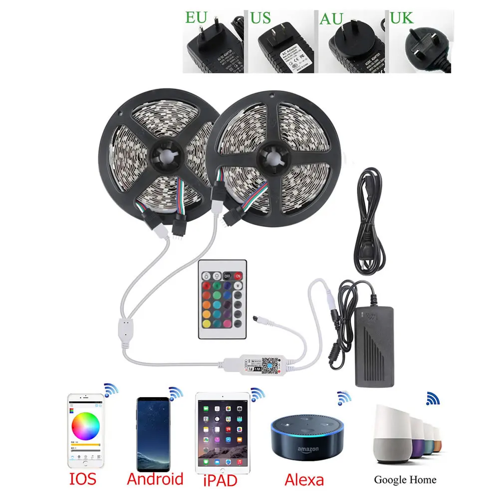 5M 10M WiFi RGB LED strip light Waterproof SMD5050 DC 12V led tiras diode flexible ribbon contoller AC85-265V Adapter led strip
5M 10M WiFi RGB LED strip light Waterproof SMD5050 DC 12V led tiras diode flexible ribbon contoller AC85-265V Adapter led strip