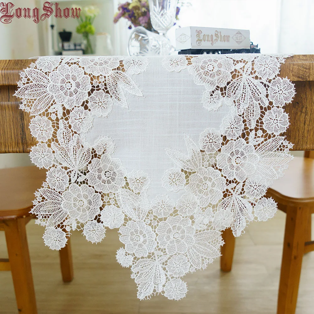 

Creative Luxury Wedding Party Decorative Embroidered Lace White Polyester Linen Table Runner Bed Flag TV Stand Cabinet Cover