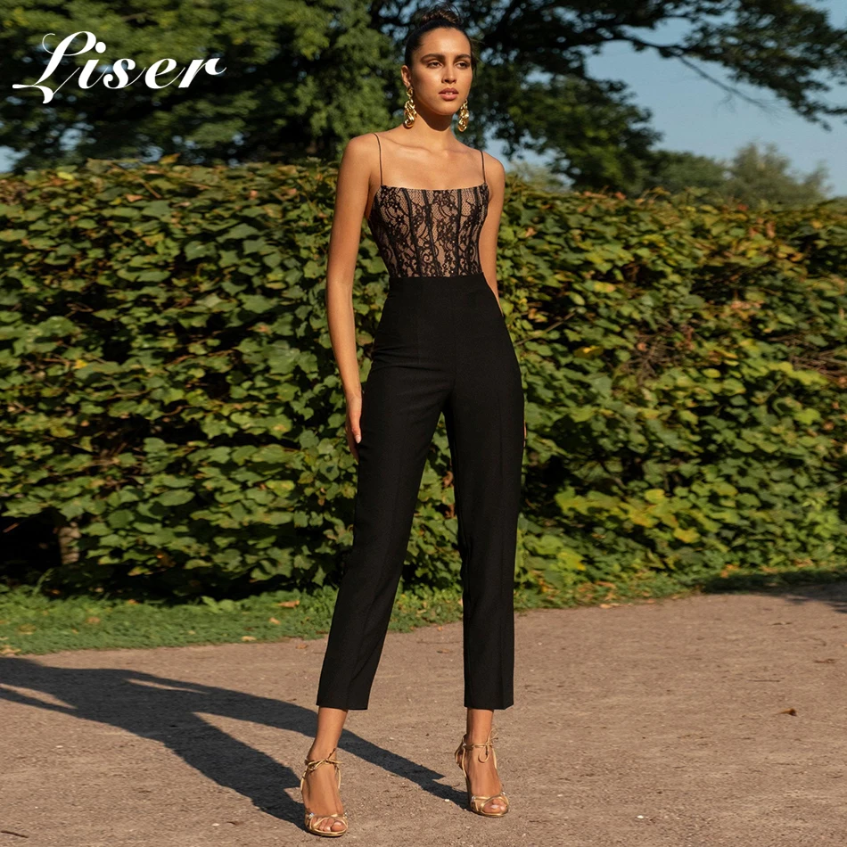 

Liser 2019 New Summer Women Jumpsuits Strapless Lace Bandage Jumpuits Sexy Bodycon Chic Celebrity Party Black Jumpsuit Vestidos