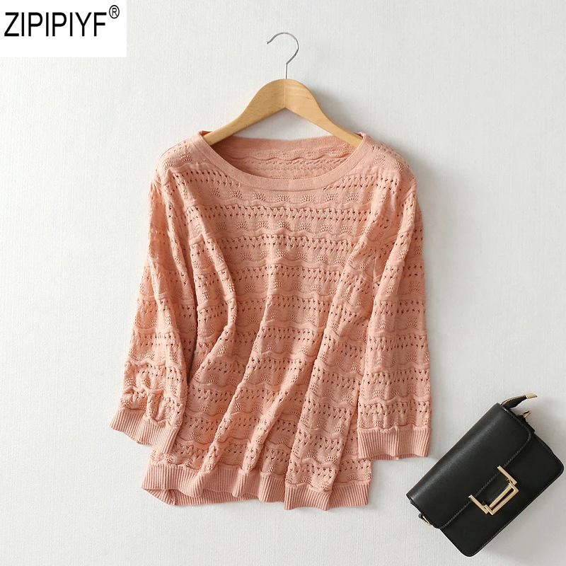2018 new fashion autumn loose knitted sweater women's o-neck solid half sleeve hollow out pullovers ladies C2095 |