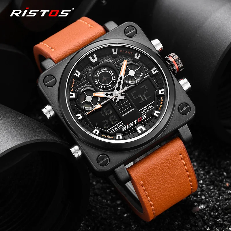 

RISTOS Chronograph Men Multifunction Sport Leather dual displa Watches Analog Fashion Wrist watch Relojes Masculino Hombre 9343
