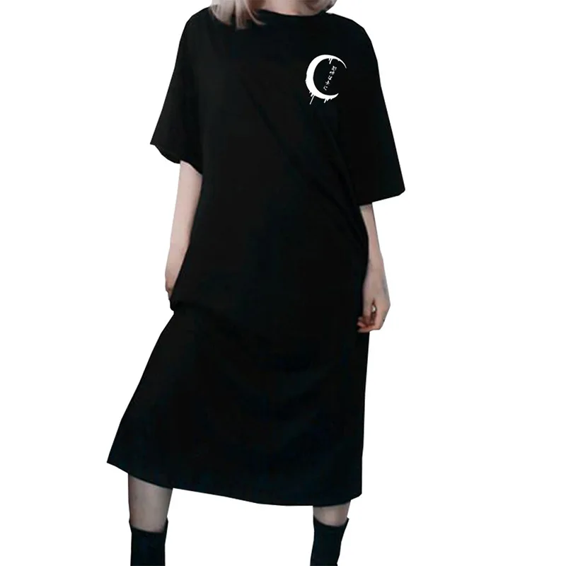 Dark Black Dress Gothic Short Sleeve Loose Japanese Moon Print Pullover Long Dress Straight Casual Fashion Summer Dress Female
Dark Black Dress Gothic Short Sleeve Loose Japanese Moon Print Pullover Long Dress Straight Casual Fashion Summer Dress Female