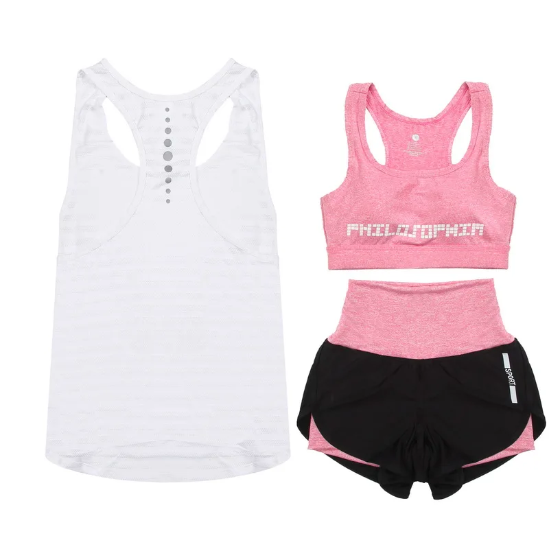Women Quick-drying lettter bra+long vest+hight Waist short Running training yoga shorts suit
Women Quick-drying lettter bra+long vest+hight Waist short Running training yoga shorts suit