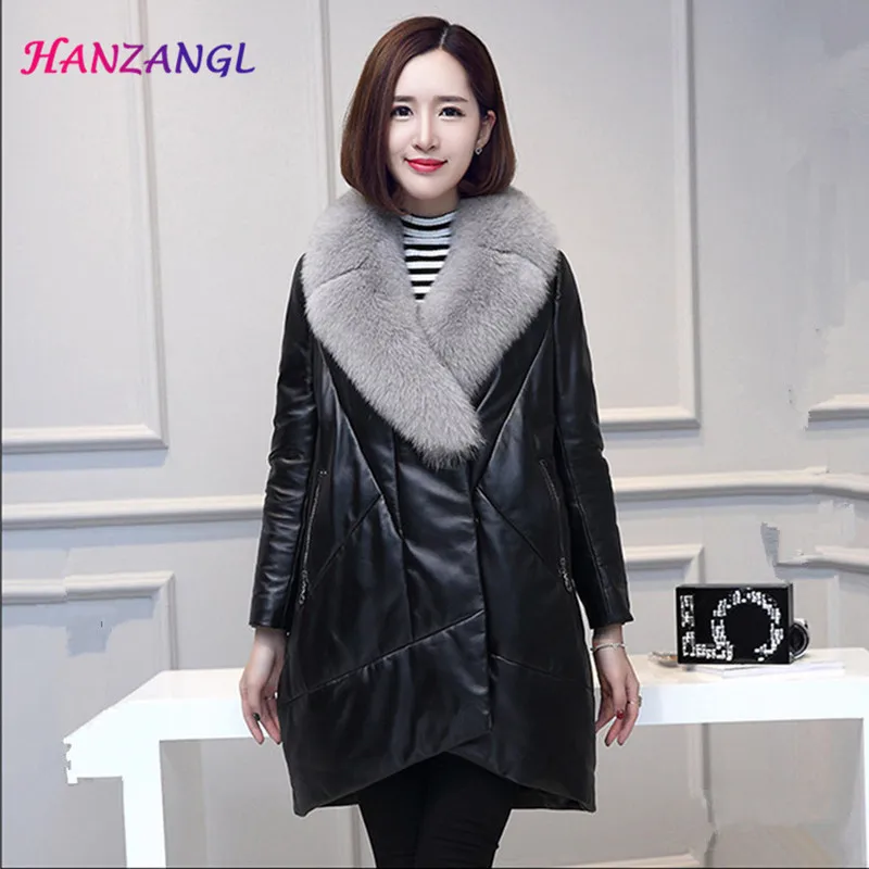 HANZANGL Winter Fashion Sheep Leather Coat 2019 New Women Long Fox Fur Collar Leather Down Jacket Feminino Parka Overcoat
HANZANGL Winter Fashion Sheep Leather Coat 2019 New Women Long Fox Fur Collar Leather Down Jacket Feminino Parka Overcoat