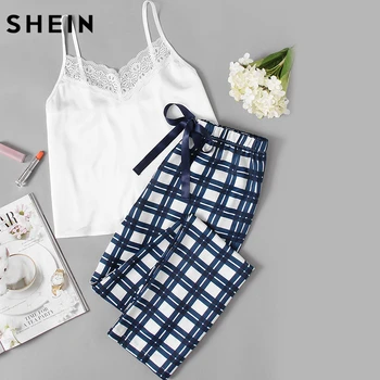 SHEIN Woman Pajamas Set Sleepwear White Spaghetti Strap Sleeveless Lace Embellished Cami Plaid Pants Pajama Set
SHEIN Woman Pajamas Set Sleepwear White Spaghetti Strap Sleeveless Lace Embellished Cami Plaid Pants Pajama Set