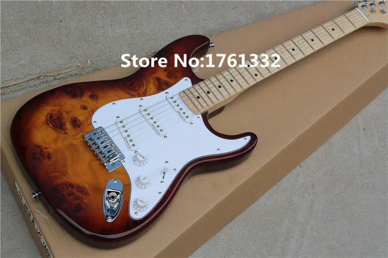 Factory custom tobacco sunburst electric guitar with burl pattern,chrome tuners,SSS pickups,white pickguard,can be changed
Factory custom tobacco sunburst electric guitar with burl pattern,chrome tuners,SSS pickups,white pickguard,can be changed