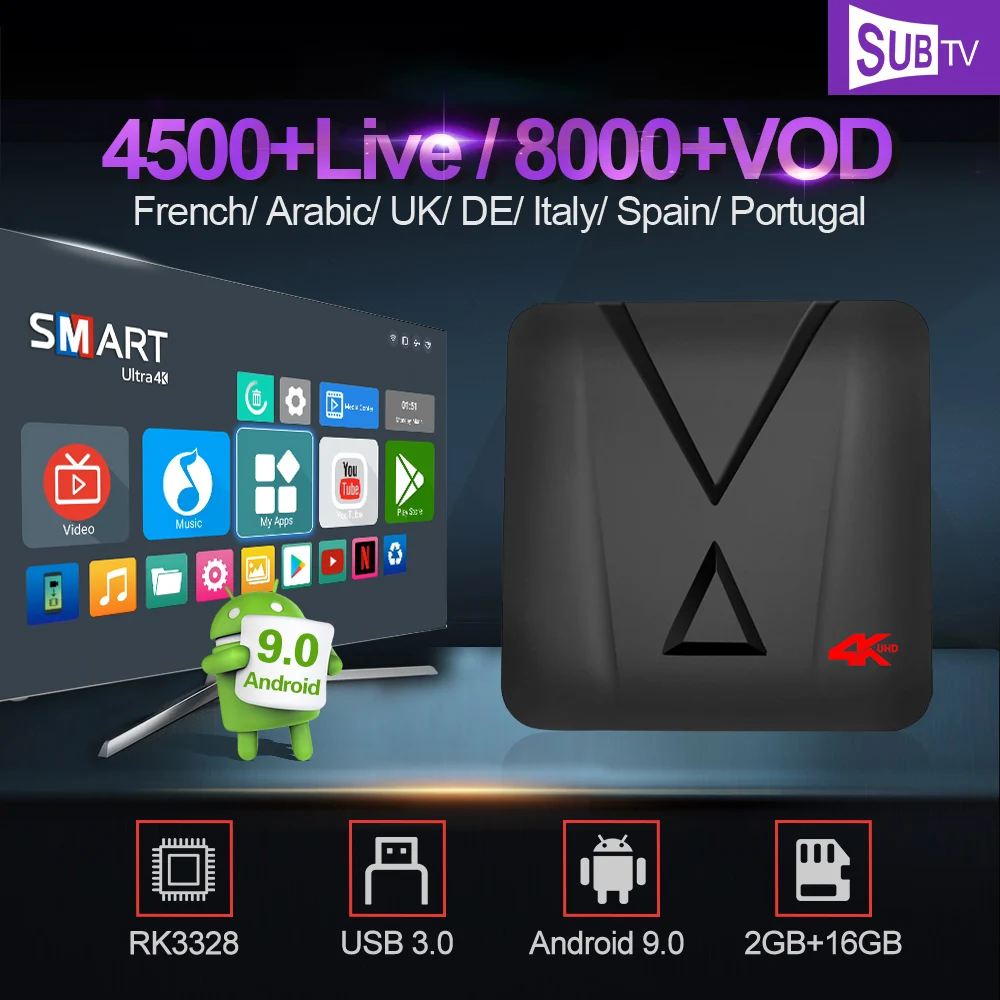 SUBTV BOX With IPTV France Arabic MX10 Mini Android 9.0 Smart Tv Box RK3328 USB3.0 Italy French IPTV UK Turkish Portugal IP TV
SUBTV BOX With IPTV France Arabic MX10 Mini Android 9.0 Smart Tv Box RK3328 USB3.0 Italy French IPTV UK Turkish Portugal IP TV