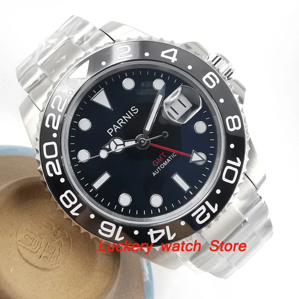 40mm Parnis Black Ceramic Bezel black dial red GMT luminous marks sapphire glass automatic Mens Watch-PA50 
40mm Parnis Black Ceramic Bezel black dial red GMT luminous marks sapphire glass automatic Mens Watch-PA50