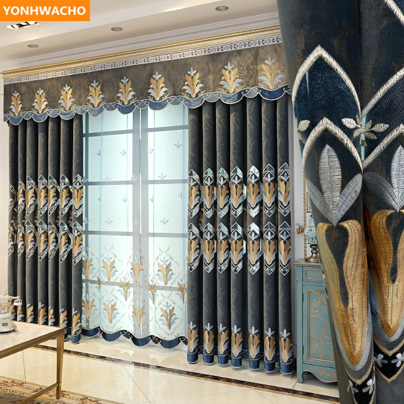 Custom curtains simple European high-end thick embroidery living room blue cloth blackout curtain tulle valance drape B453 
Custom curtains simple European high-end thick embroidery living room blue cloth blackout curtain tulle valance drape B453