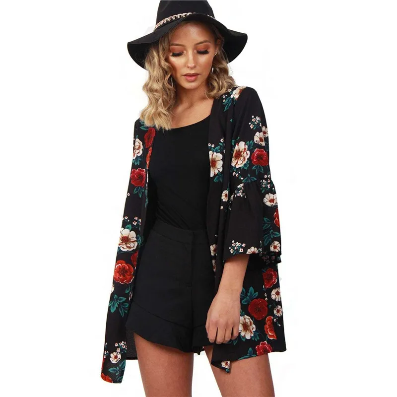 Casual Summer Cardigan Flare Sleeve Chiffon Blouse Vintage Floral Print Women Long Cardigan Streetwear Black Blue Blusa Feminina
Casual Summer Cardigan Flare Sleeve Chiffon Blouse Vintage Floral Print Women Long Cardigan Streetwear Black Blue Blusa Feminina