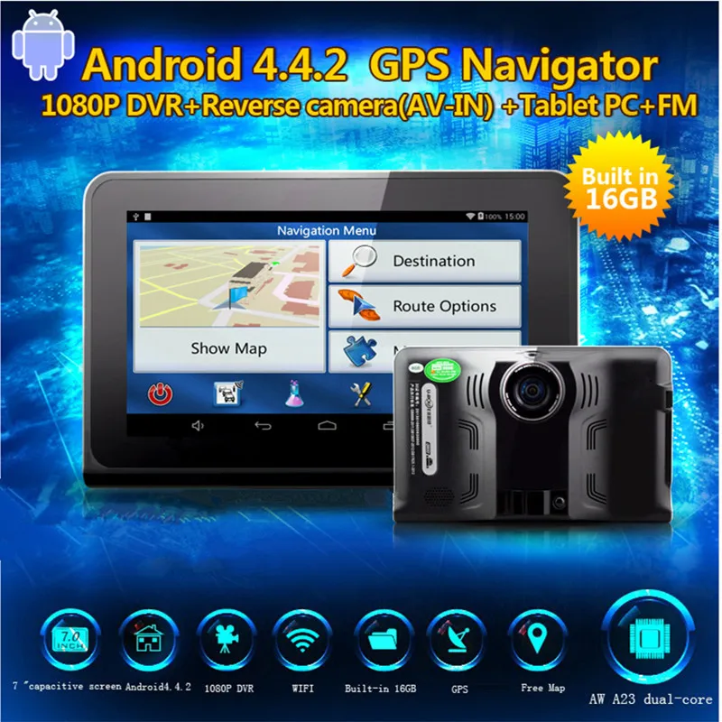 

Best 7" GPS Navigator DVR Camera Android 4.42 with Wifi Radar detector dvr video recorder camera built in 16GB free map