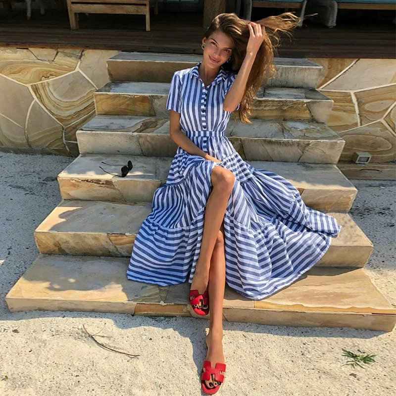 Striped Boho Summer Women Dress Turn-down Collar Short Sleeved Casual Dresses Holiday Sexy Split Maxi Dresses Elegant
Striped Boho Summer Women Dress Turn-down Collar Short Sleeved Casual Dresses Holiday Sexy Split Maxi Dresses Elegant