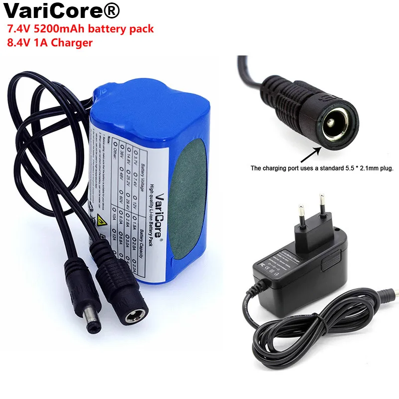 VariCore Protect 7.4 V 5200 mAh 8.4 V 18650 Li-lon Battery bike lights Head lamp special battery pack DC 5.5MM + 1A Charger
VariCore Protect 7.4 V 5200 mAh 8.4 V 18650 Li-lon Battery bike lights Head lamp special battery pack DC 5.5MM + 1A Charger