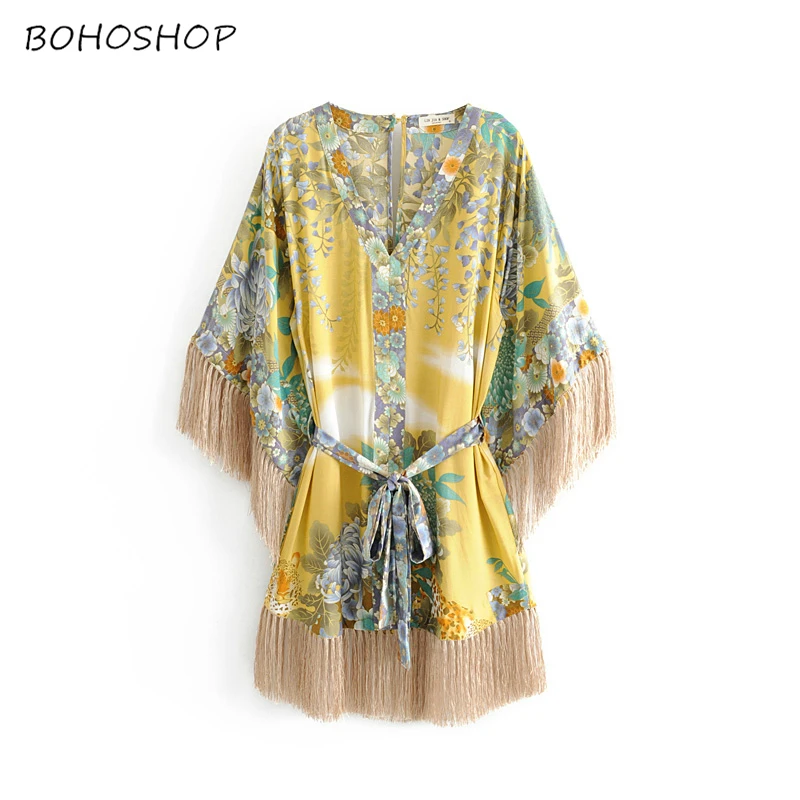Vintage Chic women floral print deep V-neck sashes tassel Bohemian mini dress kimono ladies short sleeve Boho dresses vestidos
Vintage Chic women floral print deep V-neck sashes tassel Bohemian mini dress kimono ladies short sleeve Boho dresses vestidos