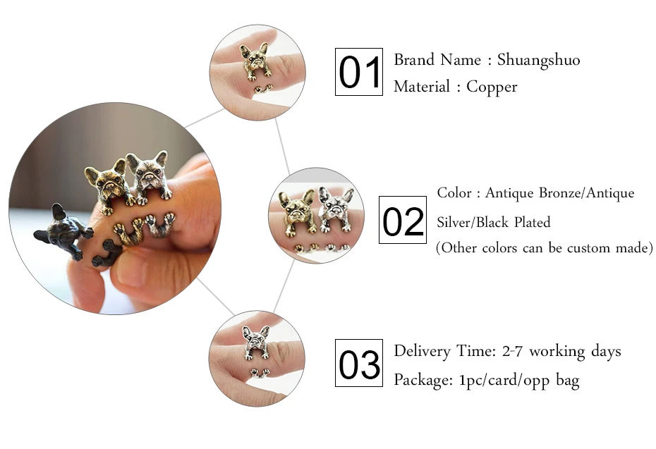 2016 Retro Animal Handmade French bulldog ring Ring Fashion Antique Gold Silver Vintage Adjustable Rings for women JZ315 38