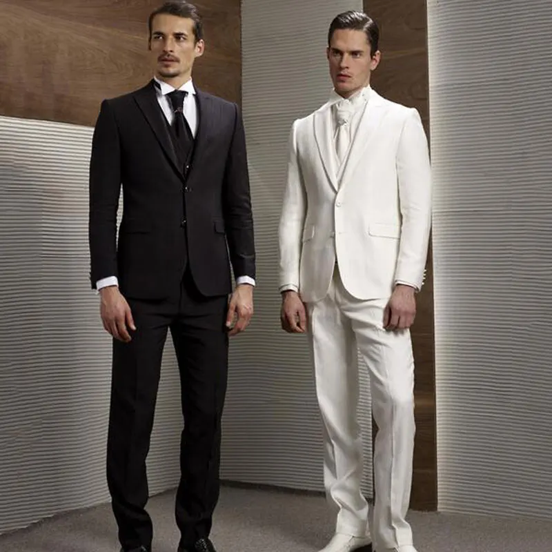 

Formal Black Mens Suits with Pants Ivory Groom Wedding Tuxedos Slim Fit Terno Masculino Best Man Blazers 3Piece Coat Pants Vest