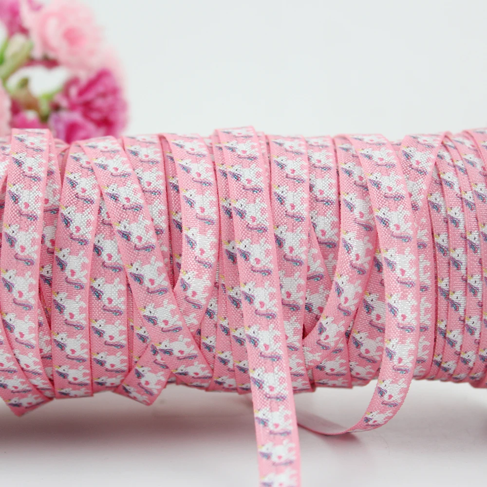 

3/8 inch cartoon unicorn fold over elastic ribbon 9mm 10 yards stretch DIY kids hair accessories band sewing ribbons