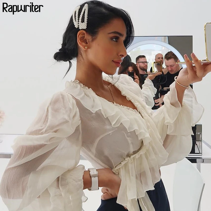 Rapwriter Sexy See Through V-Neck Irregular Hem Ruffles Chiffon Blouse Women 2019 Elegant Long Flare Sleeve Transparent Shirt
Rapwriter Sexy See Through V-Neck Irregular Hem Ruffles Chiffon Blouse Women 2019 Elegant Long Flare Sleeve Transparent Shirt